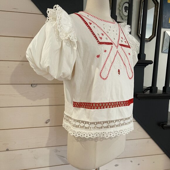 065 By Anthropologie Puff-Sleeve Cutwork Top NWT Size Large - Picture 7 of 9